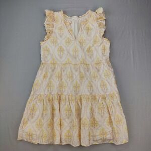 A Loves A Dress‎ Womens L White Yellow Embroidered Tiered Ruffle Mini Sleeveless